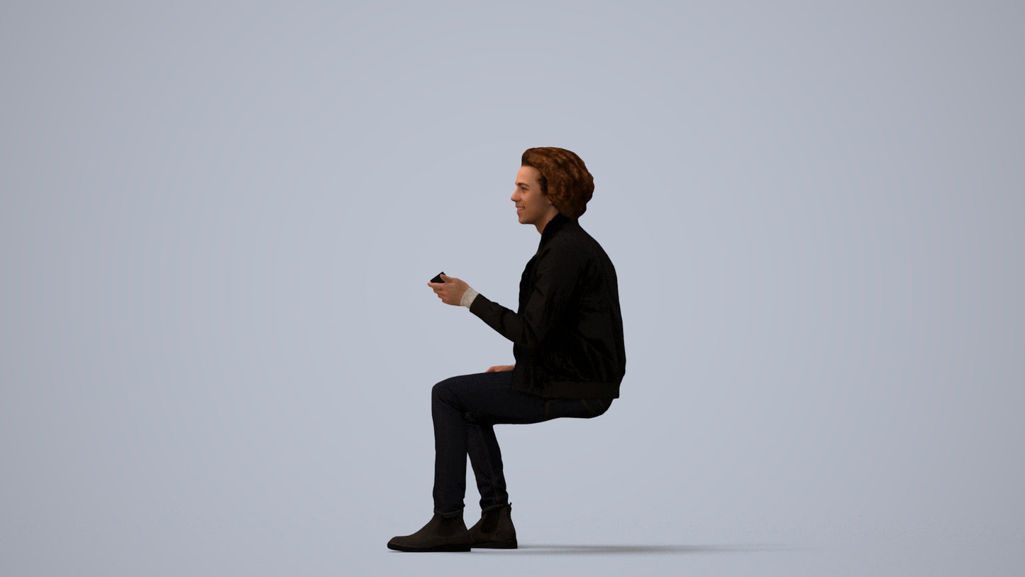 scanned 3D man casual sitting, photogrammetry people for Enscape and V-Ray, three-quarter view render