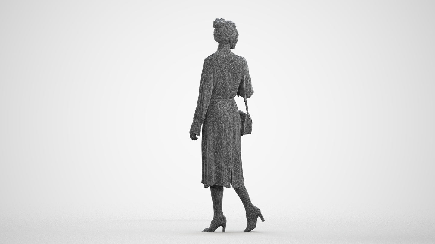 3D human model woman casual walking, photogrammetry scanned person for archviz, wireframe front view