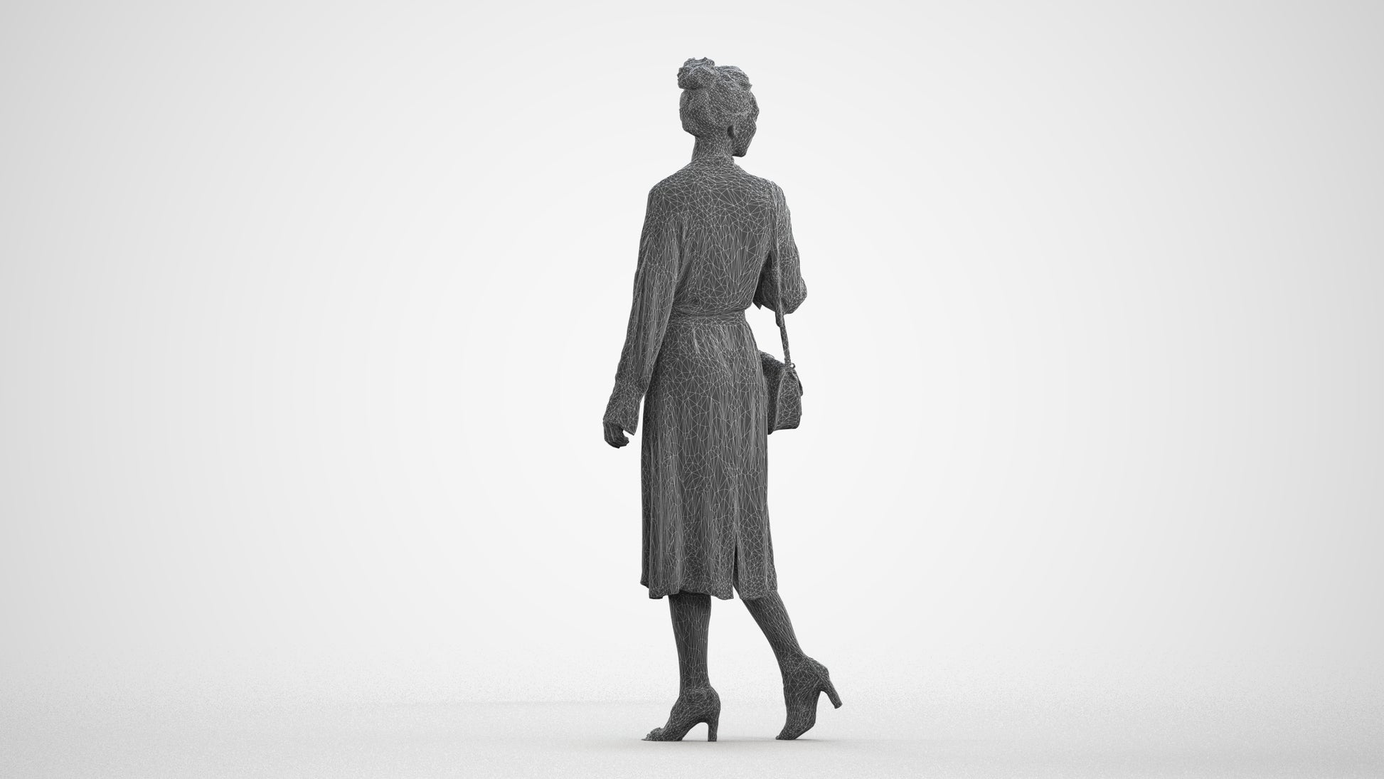 3D human model woman casual walking, photogrammetry scanned person for archviz, wireframe front view
