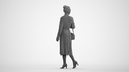 3D human model woman casual walking, photogrammetry scanned person for archviz, wireframe front view