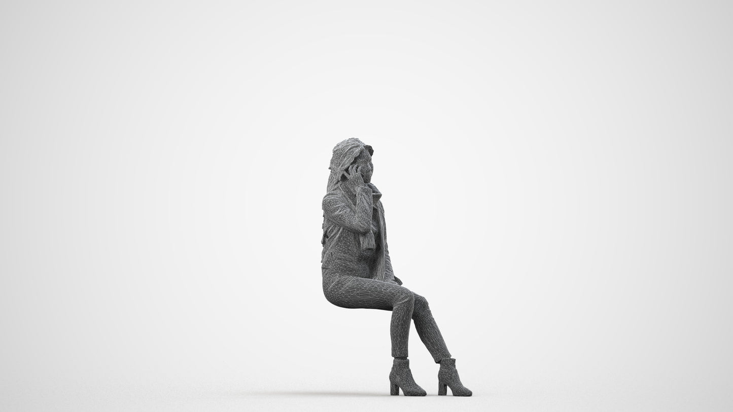 realistic 3D human woman casual sitting, archviz people FBX OBJ for Blender, wireframe side view