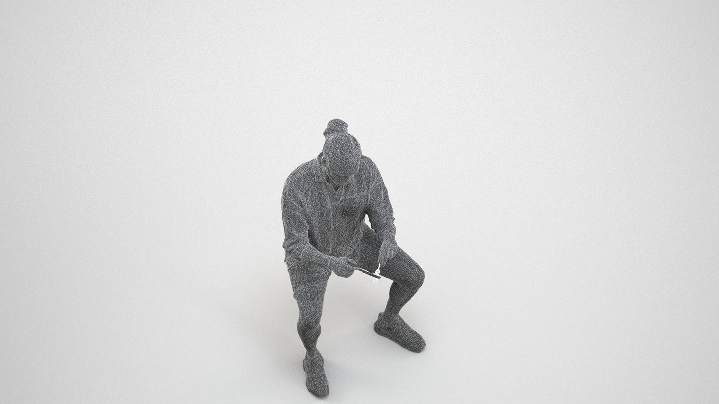 3D people model man casual sitting, scanned human for 3ds Max rendering, wireframe three-quarter view