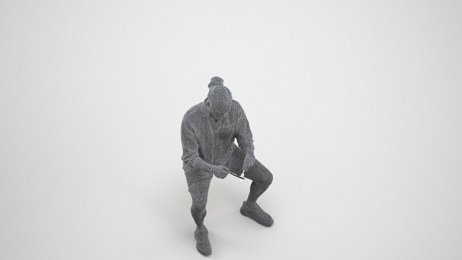 3D people model man casual sitting, scanned human for 3ds Max rendering, wireframe three-quarter view