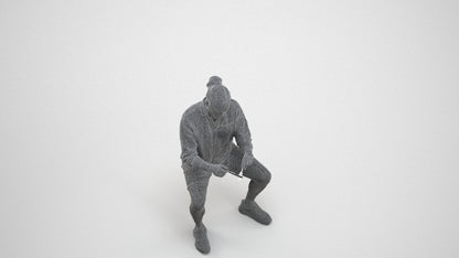 3D people model man casual sitting, scanned human for 3ds Max rendering, wireframe three-quarter view