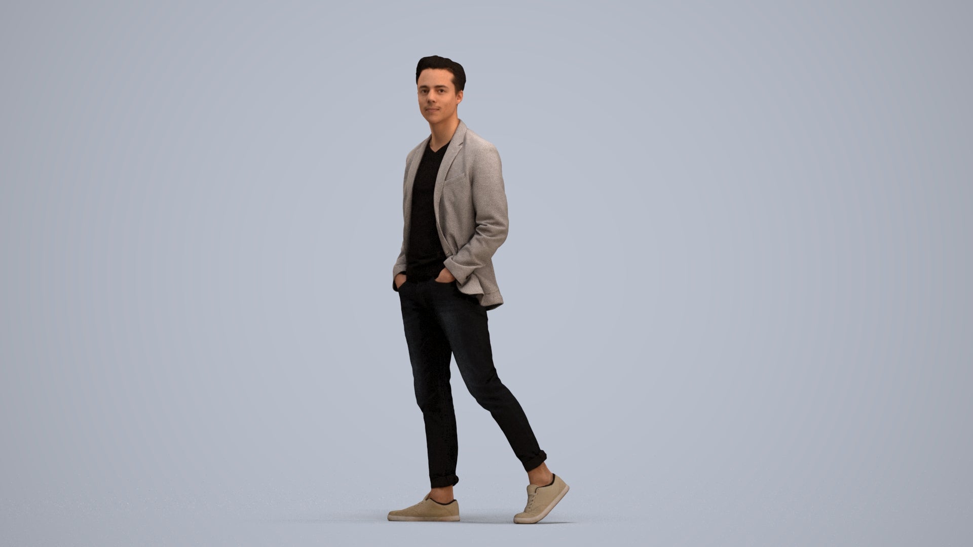 3D scanned man walking business, photorealistic archviz people for Enscape and SketchUp, standing pose render
