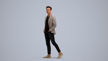 3D scanned man walking business, photorealistic archviz people for Enscape and SketchUp, standing pose render