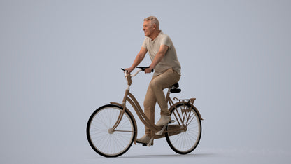 realistic 3D senior man casual cycling, scanned archviz people for Blender and 3ds Max, three-quarter view render