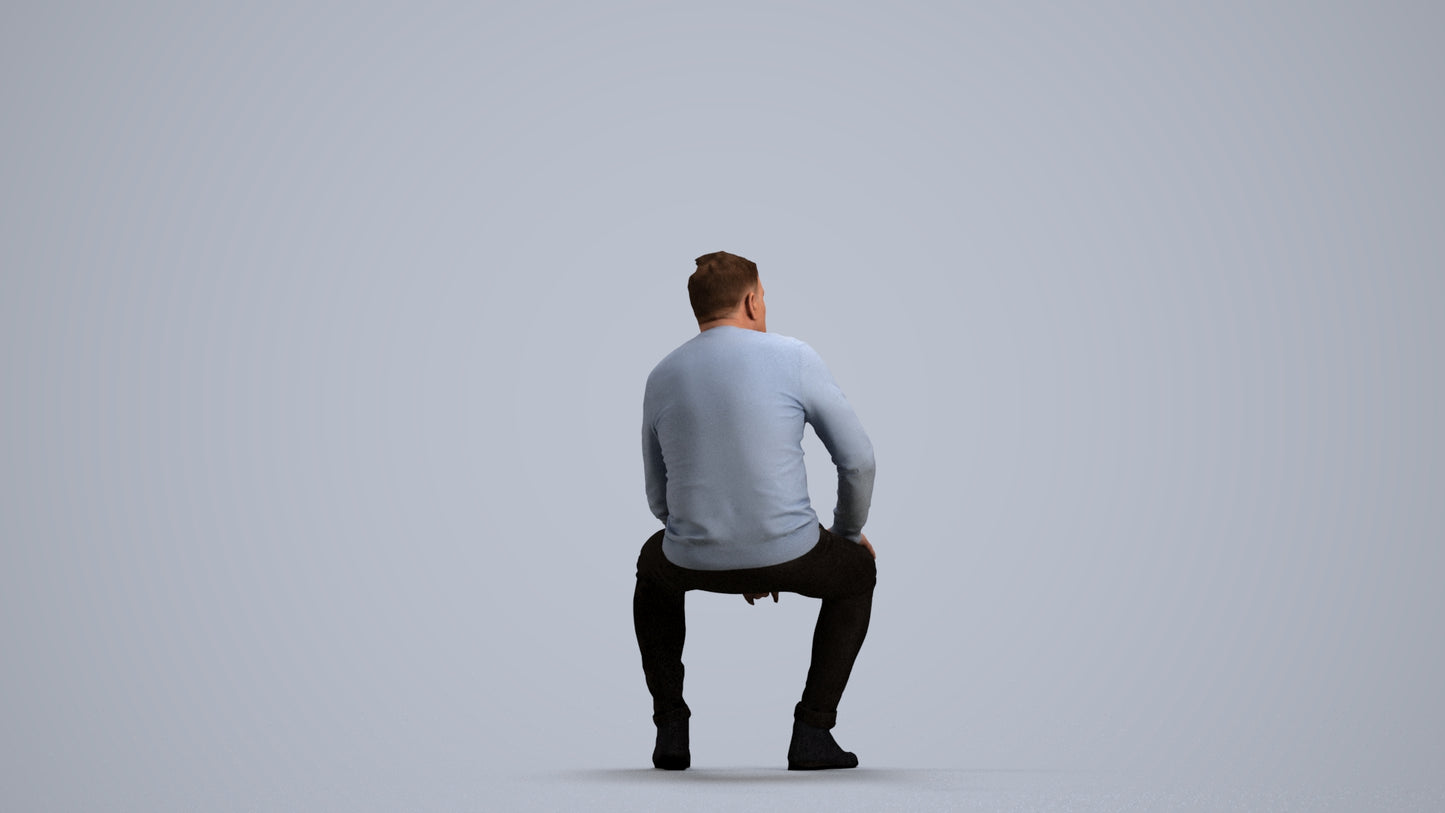 3D human model man casual sitting, photogrammetry scanned person for archviz, front view render