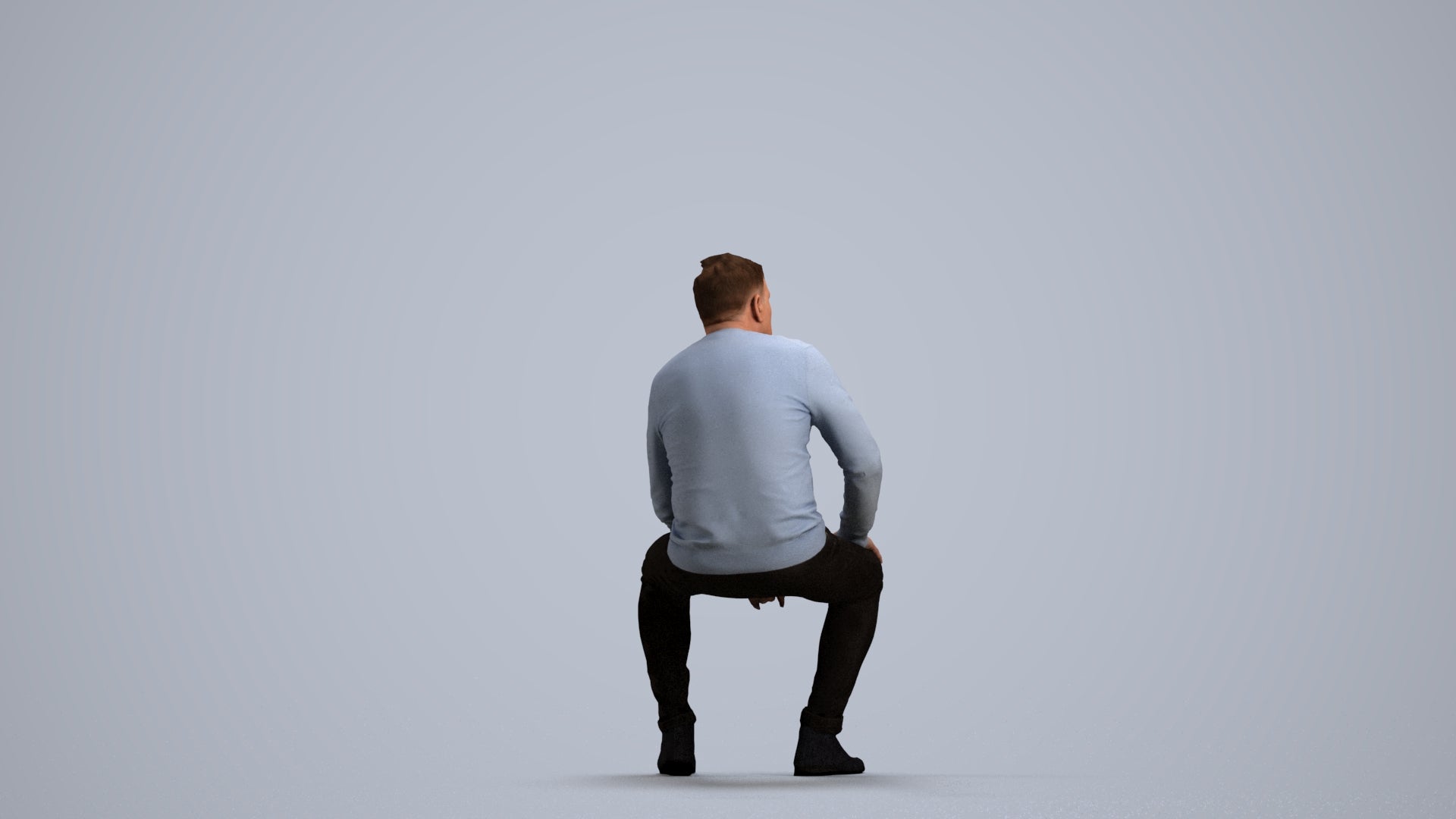 3D human model man casual sitting, photogrammetry scanned person for archviz, front view render