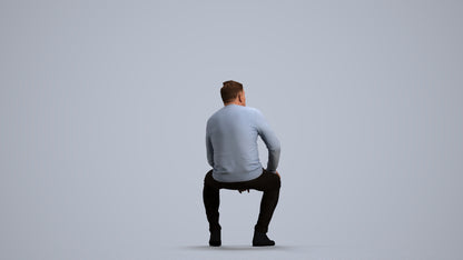 3D human model man casual sitting, photogrammetry scanned person for archviz, front view render