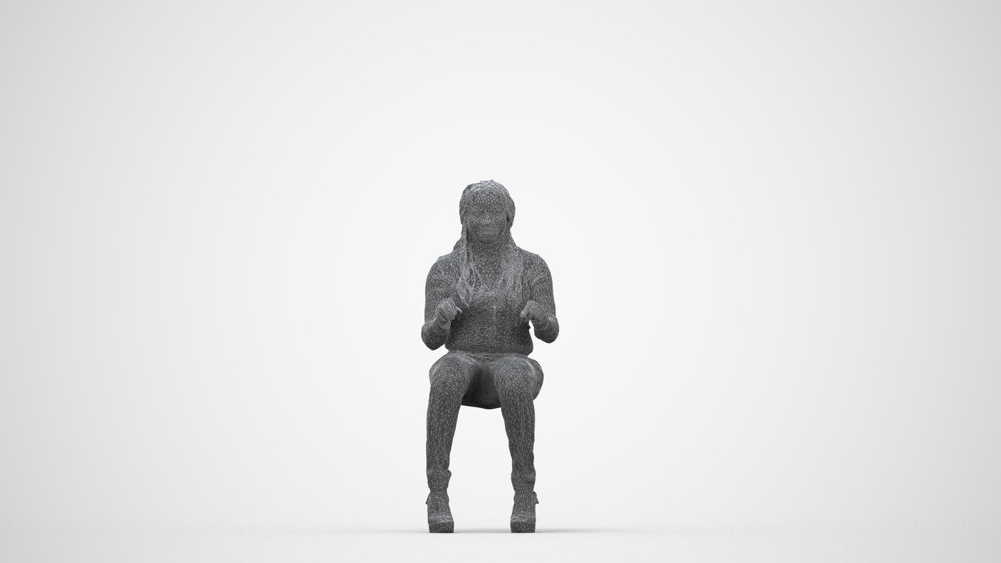 3D people model woman casual sitting, scanned human for 3ds Max rendering, wireframe back view