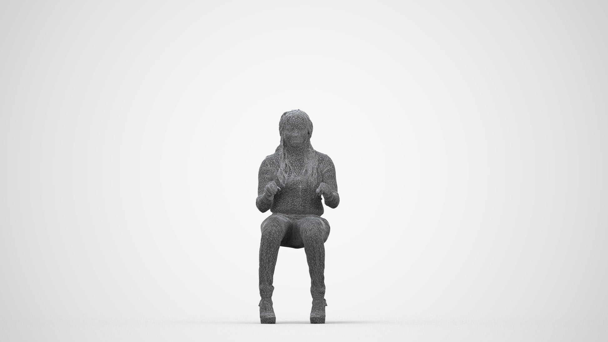 3D people model woman casual sitting, scanned human for 3ds Max rendering, wireframe back view
