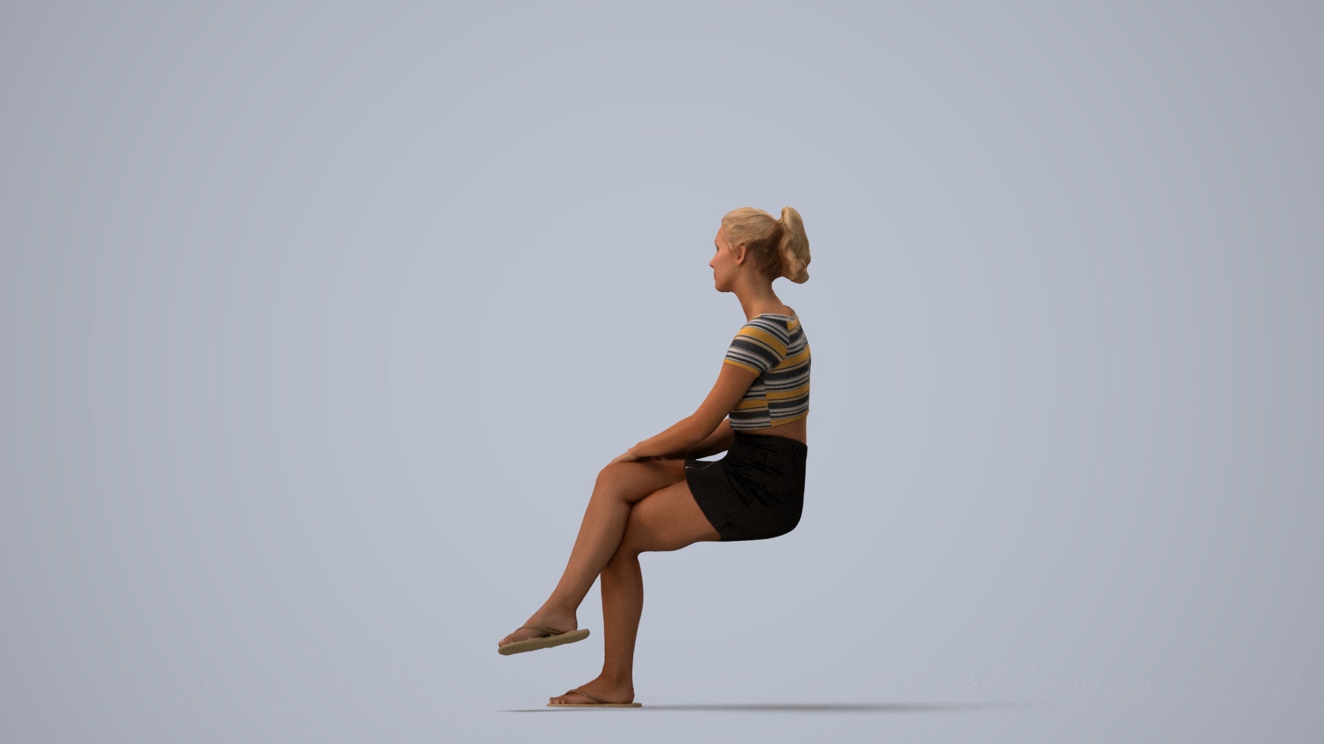 3D scanned woman sitting casual, photorealistic archviz people for Enscape and SketchUp, three-quarter view render