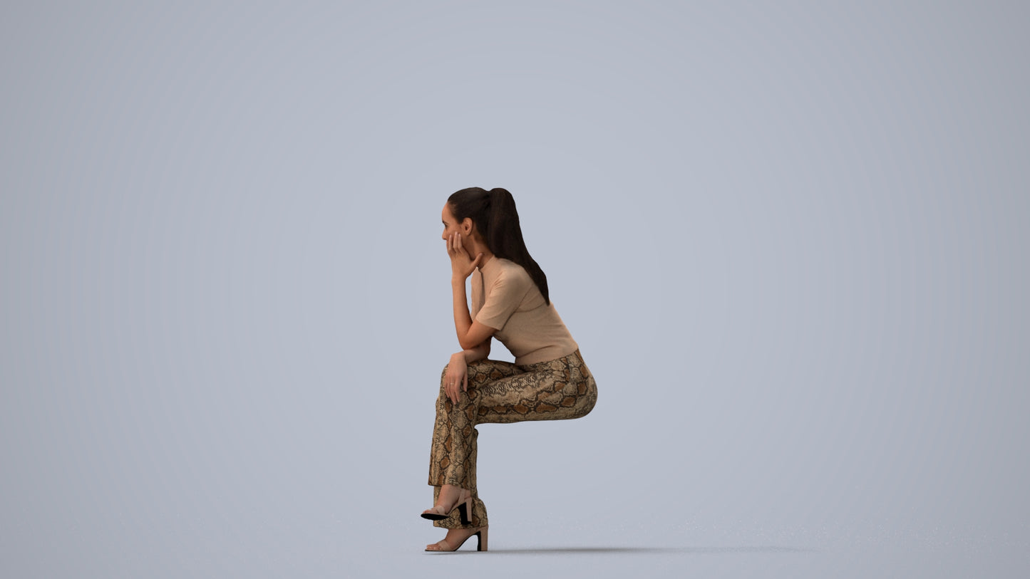 3D people model woman casual sitting, scanned human for 3ds Max rendering, three-quarter view render