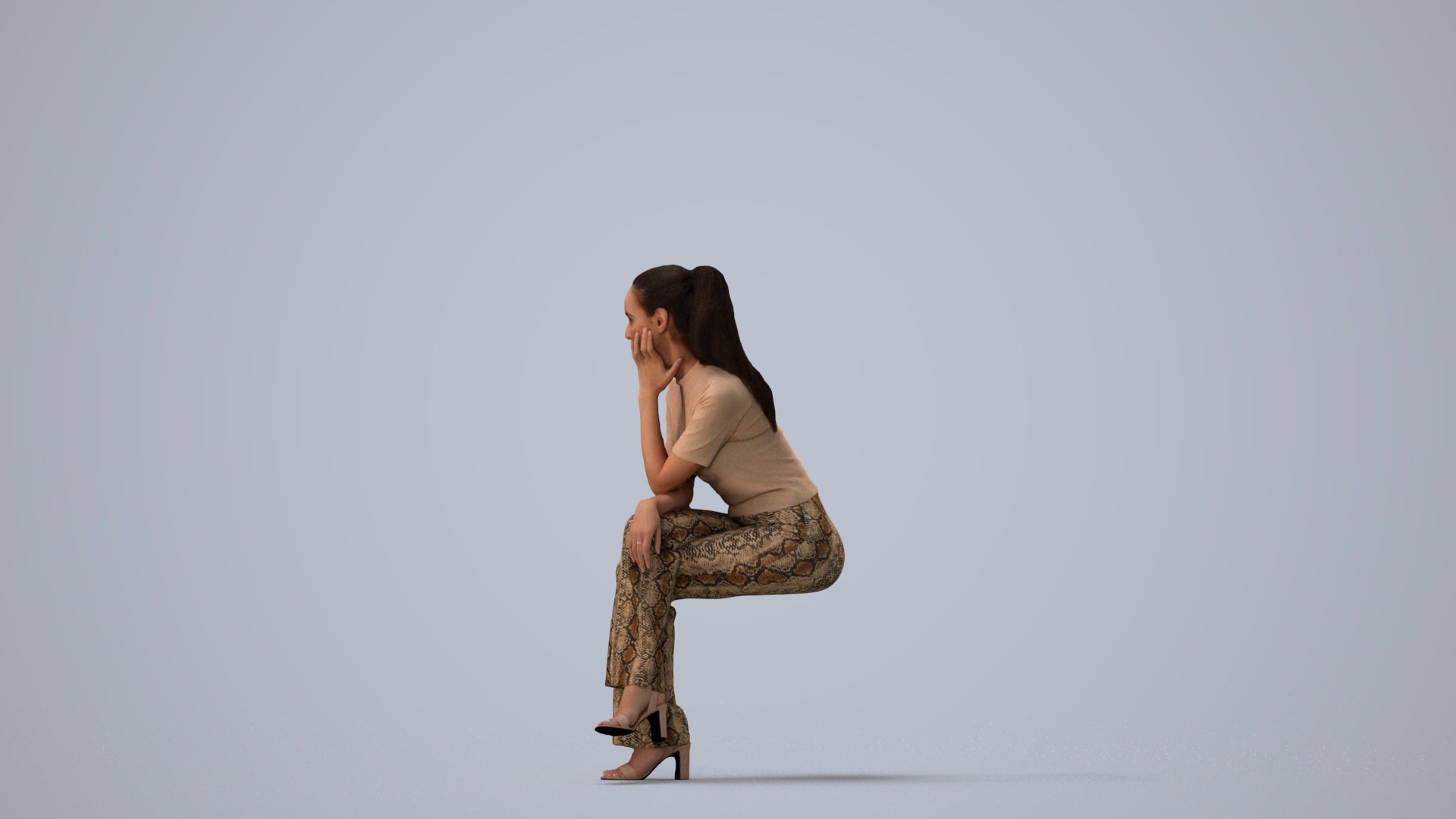 3D people model woman casual sitting, scanned human for 3ds Max rendering, three-quarter view render