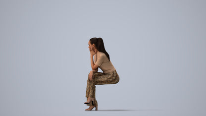 3D people model woman casual sitting, scanned human for 3ds Max rendering, three-quarter view render