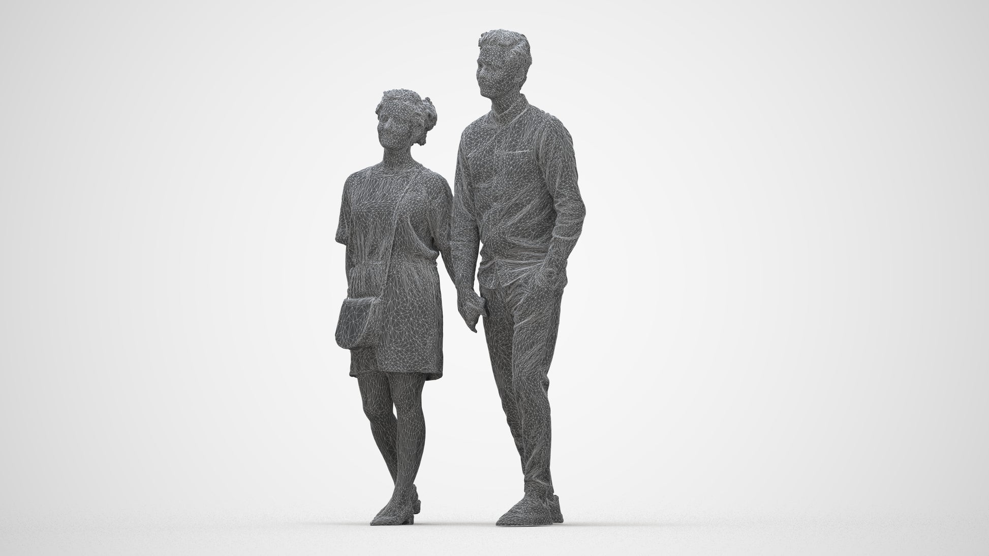 realistic 3D people woman casual couple, render-ready for V-Ray and Corona, FBX OBJ, wireframe back view