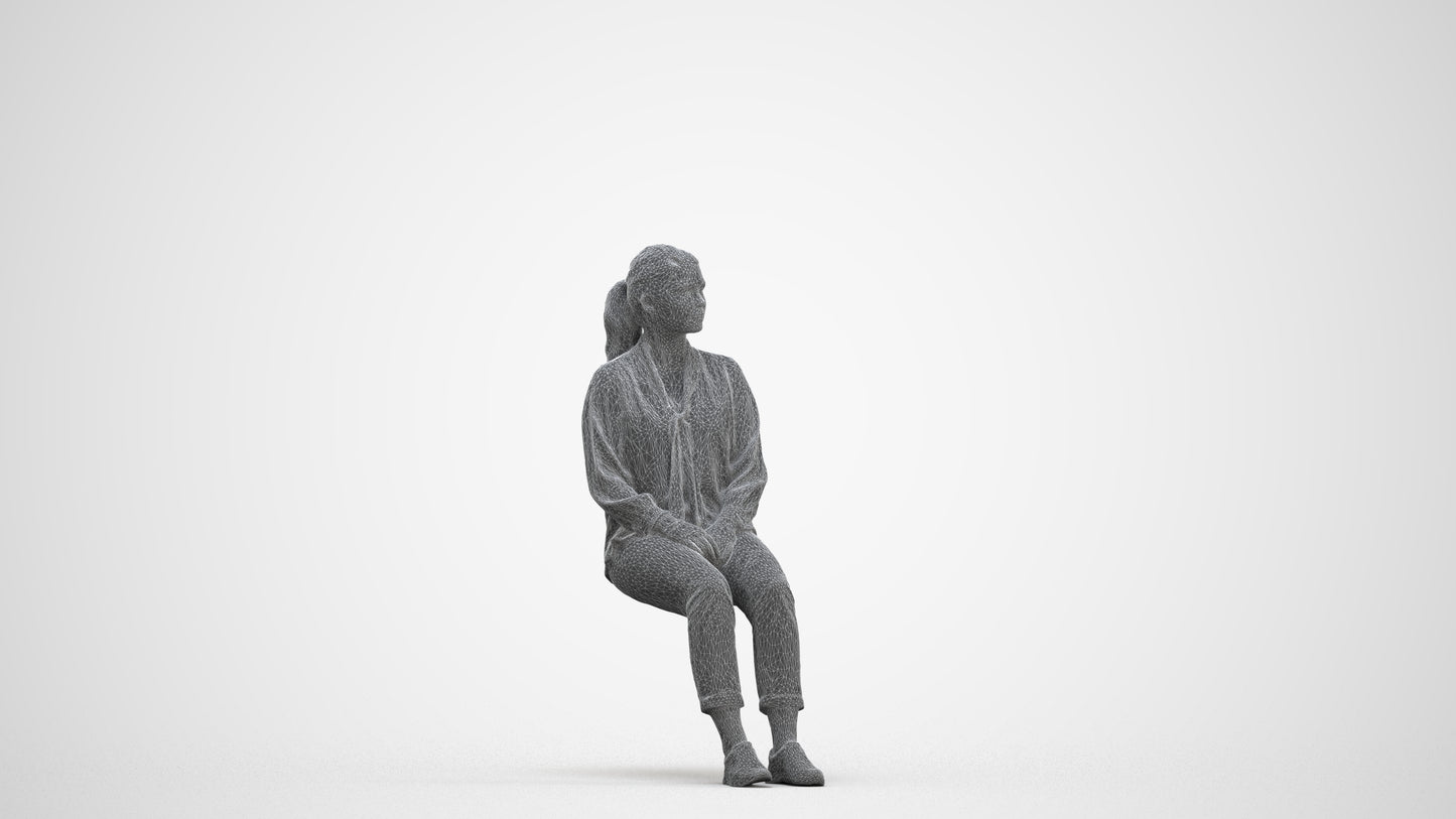 realistic 3D people woman casual sitting, render-ready for V-Ray and Corona, FBX OBJ, three-quarter front view render