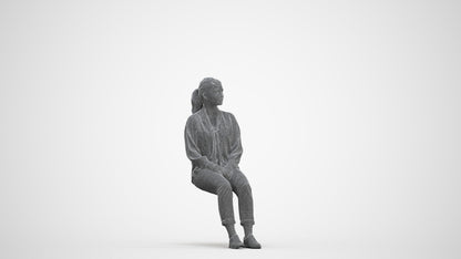 realistic 3D people woman casual sitting, render-ready for V-Ray and Corona, FBX OBJ, three-quarter front view render