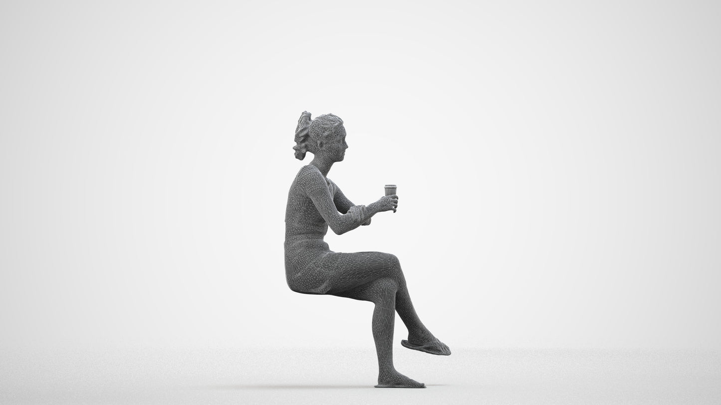 scanned 3D woman casual sitting, photogrammetry people for Enscape and V-Ray, wireframe side view