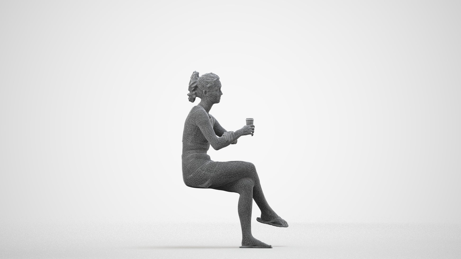 scanned 3D woman casual sitting, photogrammetry people for Enscape and V-Ray, wireframe side view