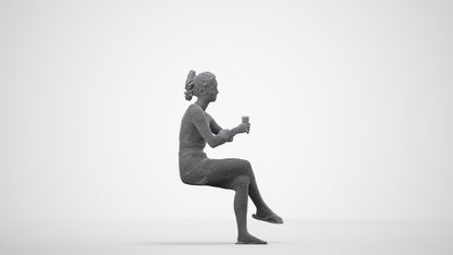 scanned 3D woman casual sitting, photogrammetry people for Enscape and V-Ray, wireframe side view
