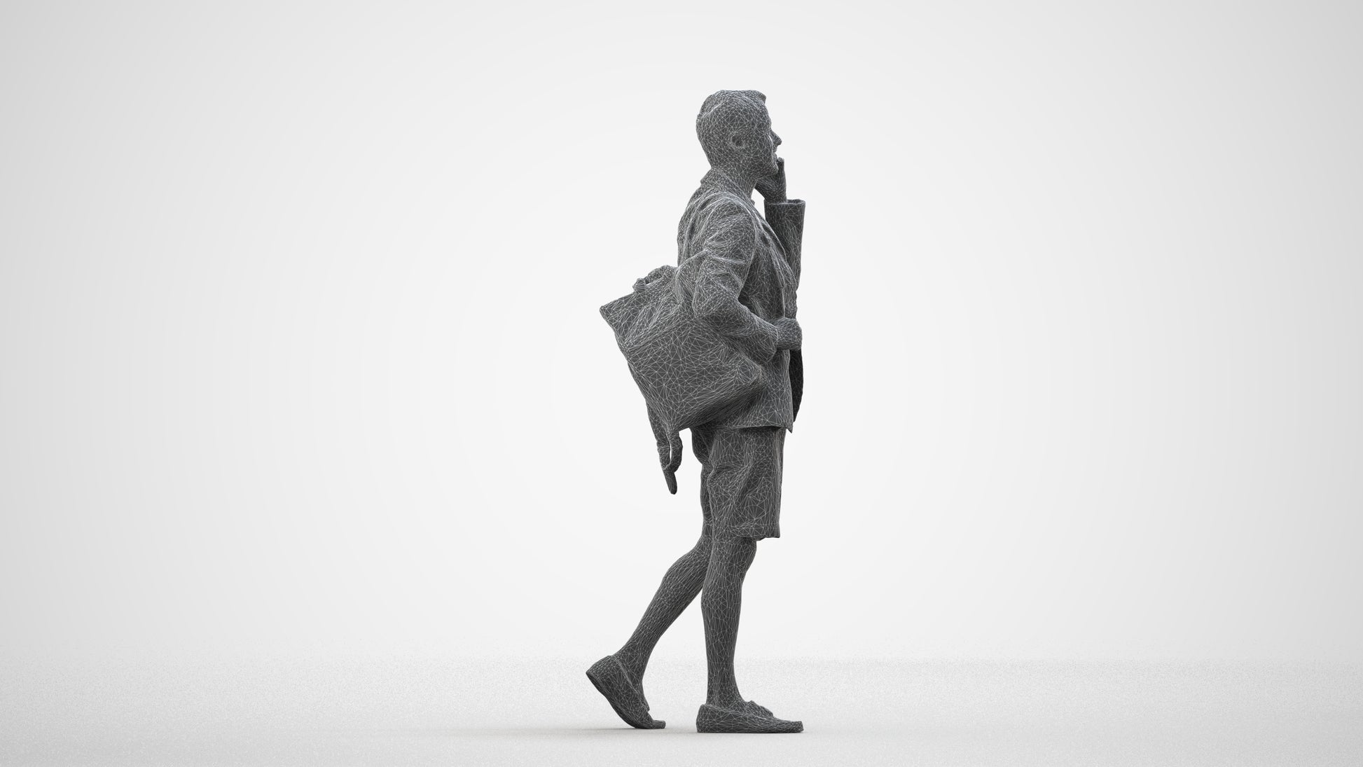 3D human model man business walking, photogrammetry scanned person for archviz, wireframe side view