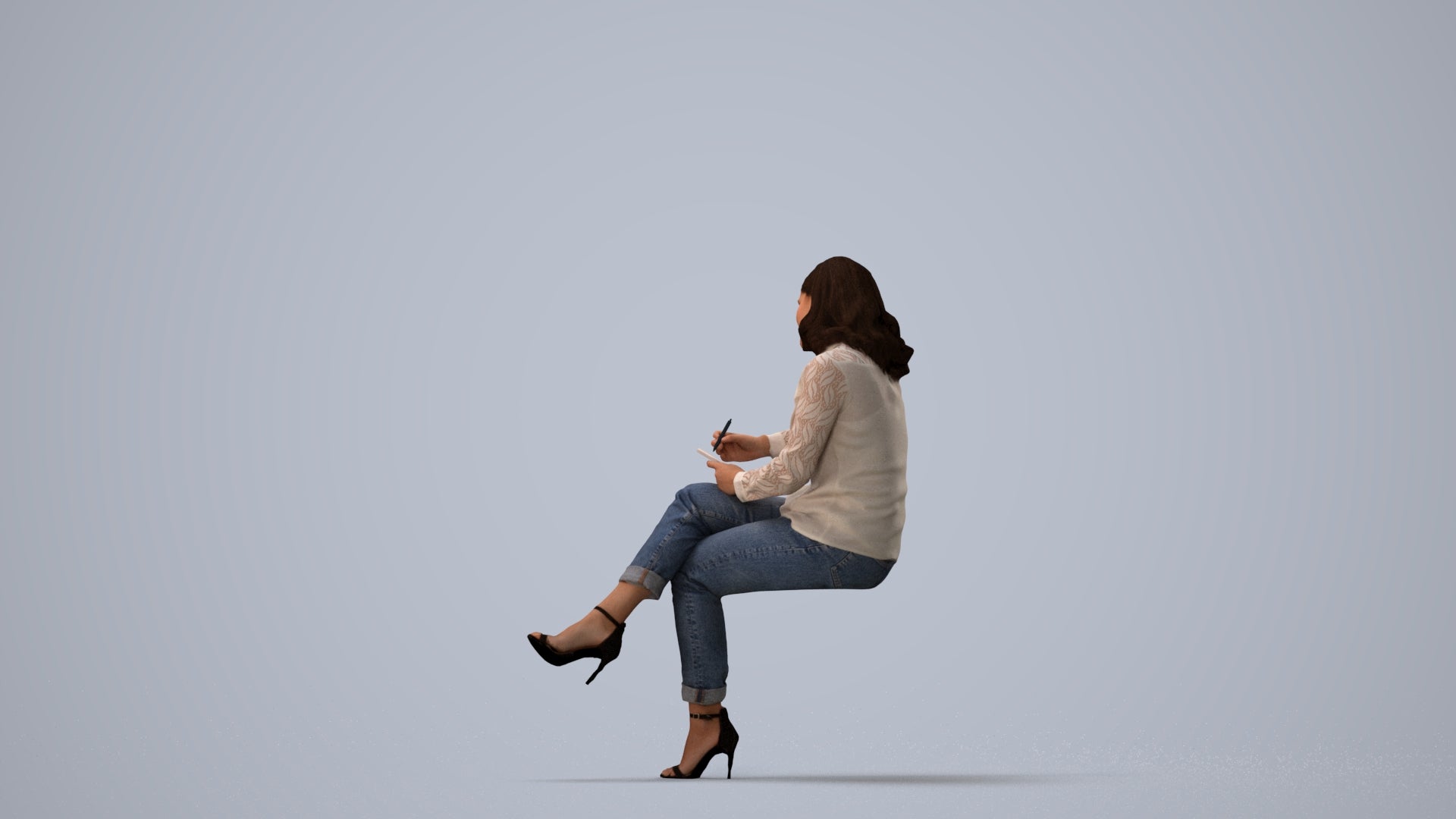 realistic 3D human woman casual sitting, archviz people FBX OBJ for Blender, three-quarter view render