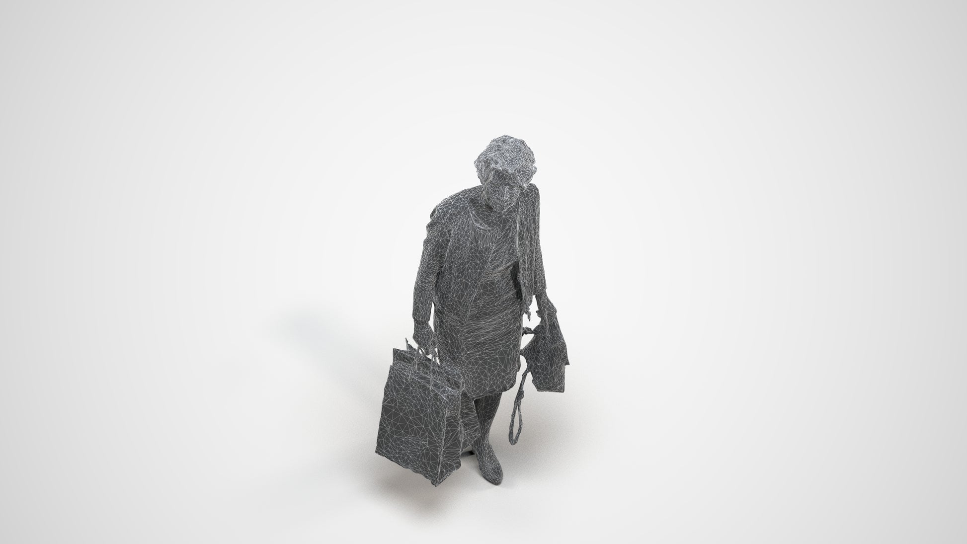 realistic 3D human woman business shopping, archviz people FBX OBJ for Blender, wireframe three-quarter view