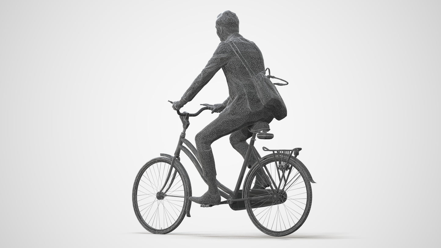 photogrammetry 3D man business cycling, realistic human model archviz FBX, square thumbnail