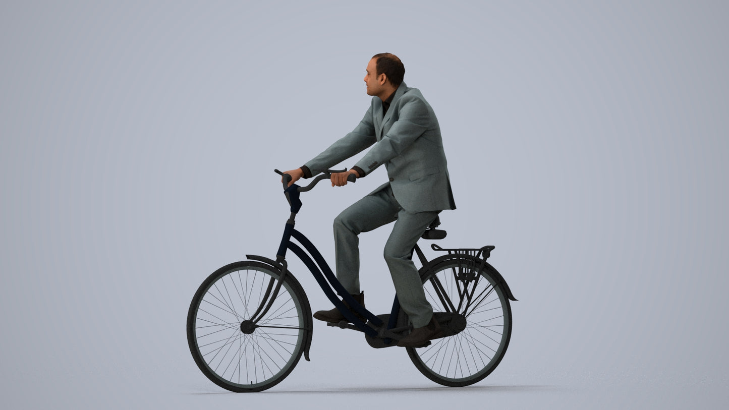 3D people model man business cycling, scanned human for 3ds Max rendering, three-quarter view render
