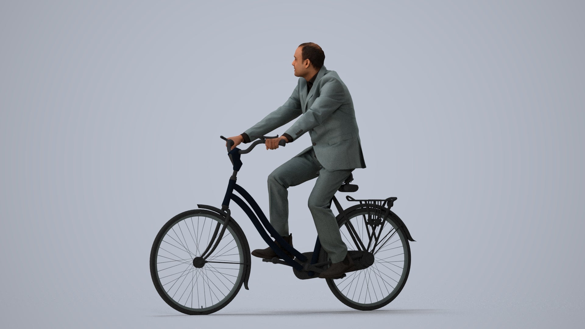 3D people model man business cycling, scanned human for 3ds Max rendering, three-quarter view render