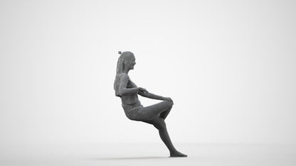 scanned 3D woman casual sitting, photogrammetry people for Enscape and V-Ray, wireframe side view