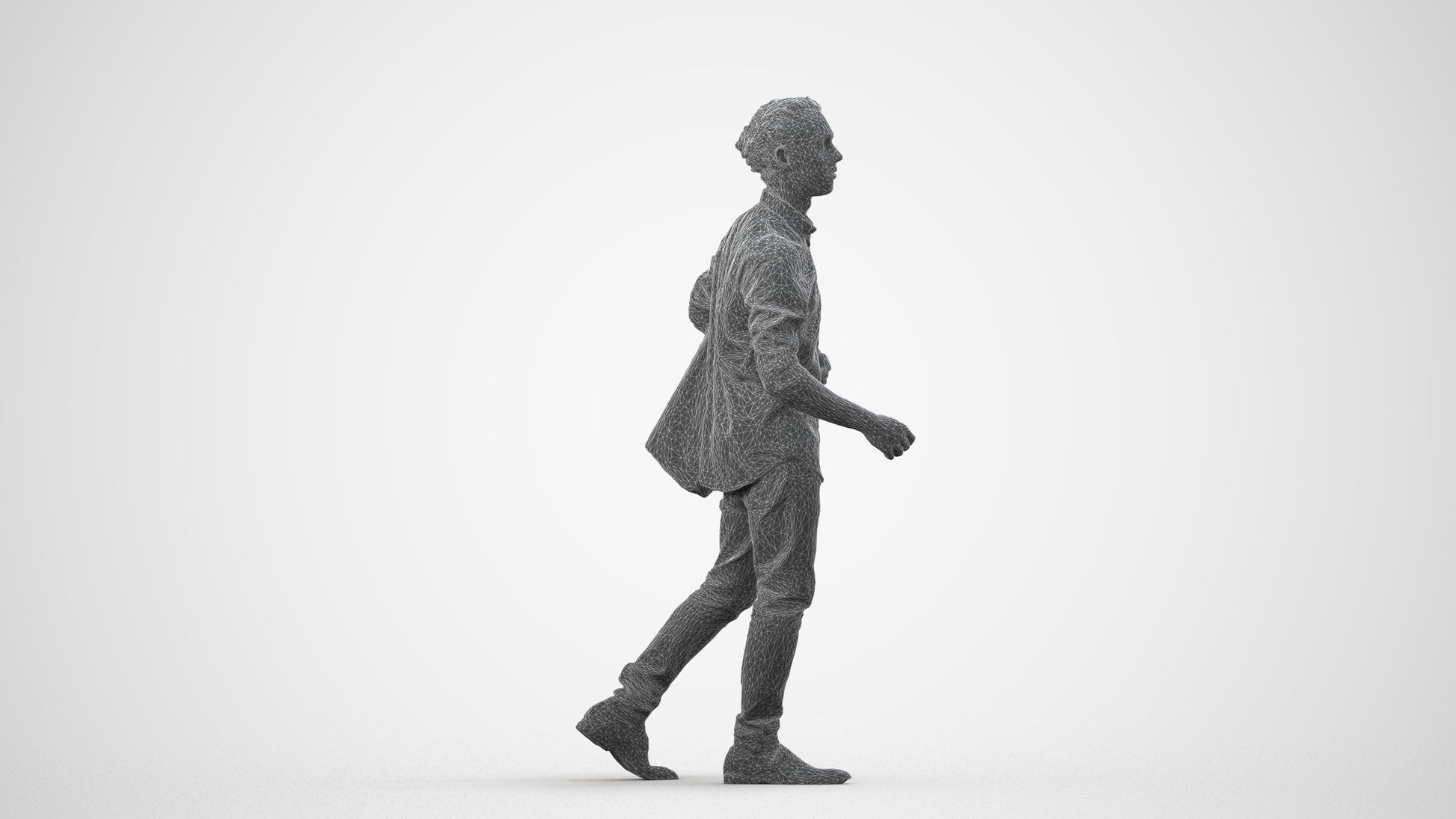 photogrammetry 3D man casual walking, realistic human model archviz FBX, wireframe side view