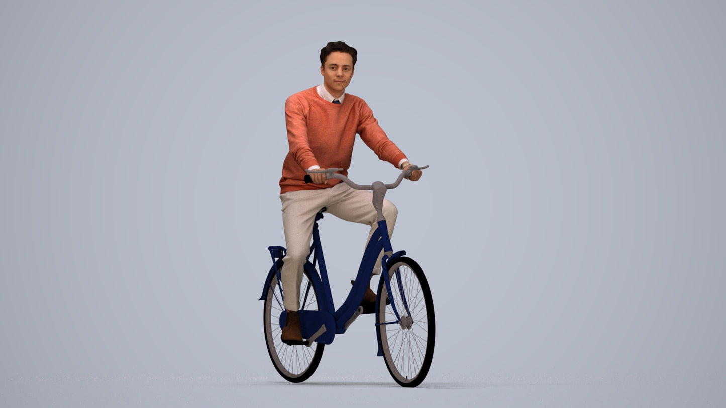 3D human model man casual cycling, photogrammetry scanned person for archviz, top-down view render