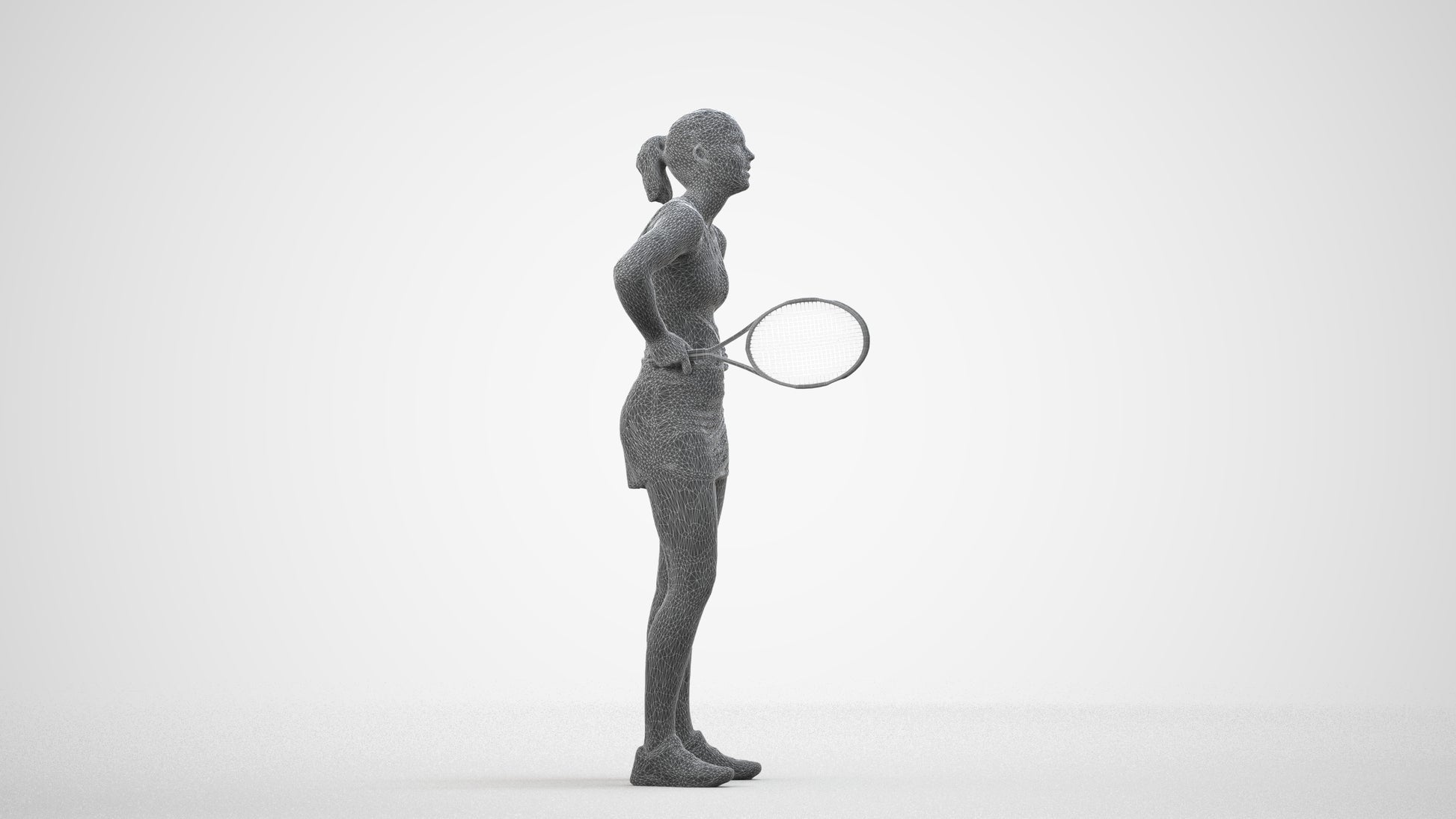 realistic 3D girl sport, scanned archviz people for Blender and 3ds Max, wireframe side view