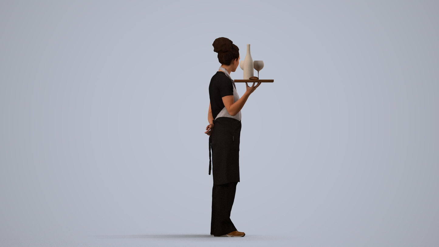 realistic 3D human woman hospitality, archviz people FBX OBJ for Blender, side view render