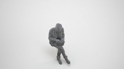 photogrammetry 3D senior woman business sitting, realistic human model archviz FBX, wireframe three-quarter view