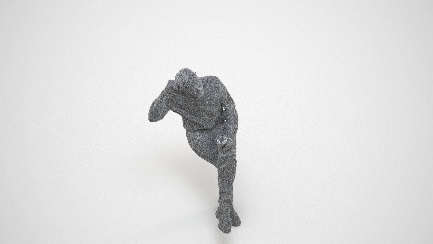 realistic 3D people senior man casual sitting, render-ready for V-Ray and Corona, FBX OBJ, wireframe three-quarter view