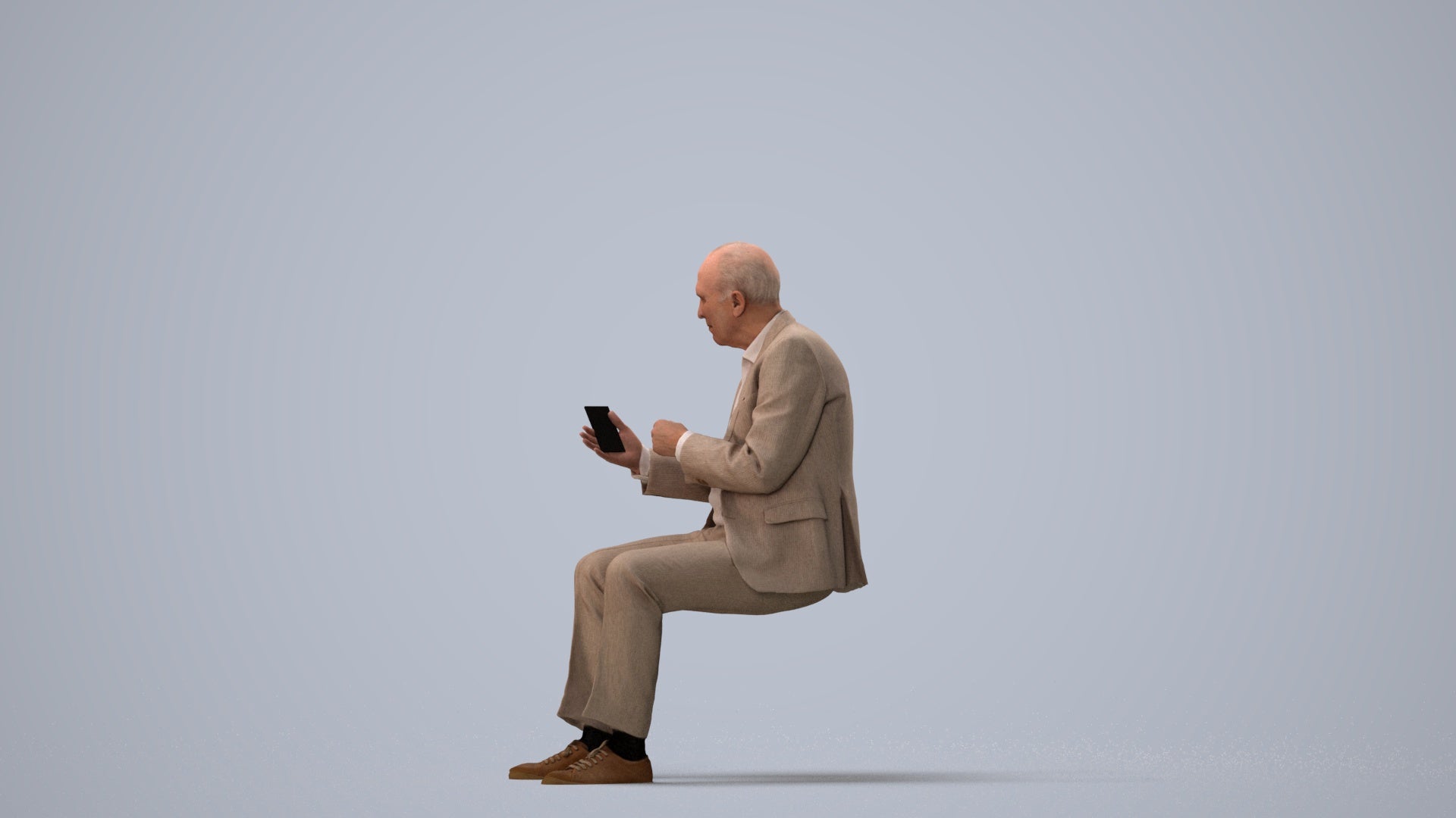 realistic 3D senior man business sitting, scanned archviz people for Blender and 3ds Max, three-quarter view render