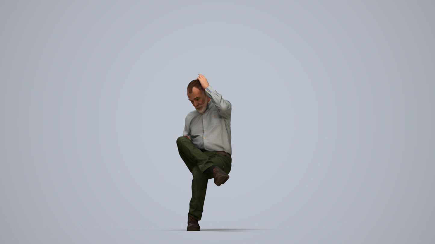 photogrammetry 3D senior man casual sitting, realistic human model archviz FBX, top-down view render