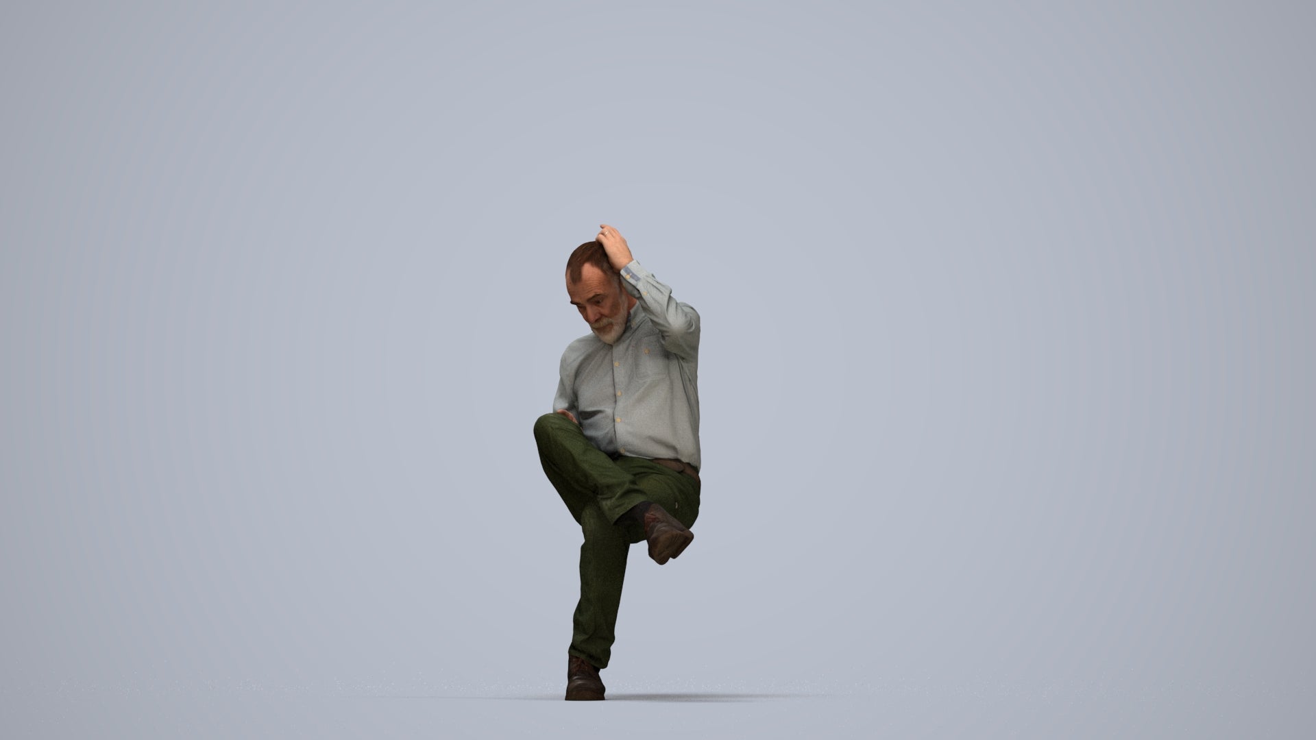 photogrammetry 3D senior man casual sitting, realistic human model archviz FBX, top-down view render