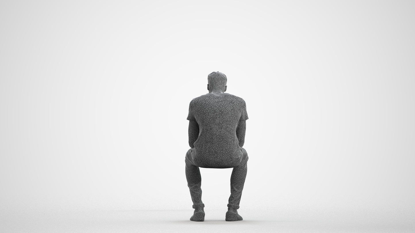 3D scanned man sitting casual, photorealistic archviz people for Enscape and SketchUp, wireframe front view