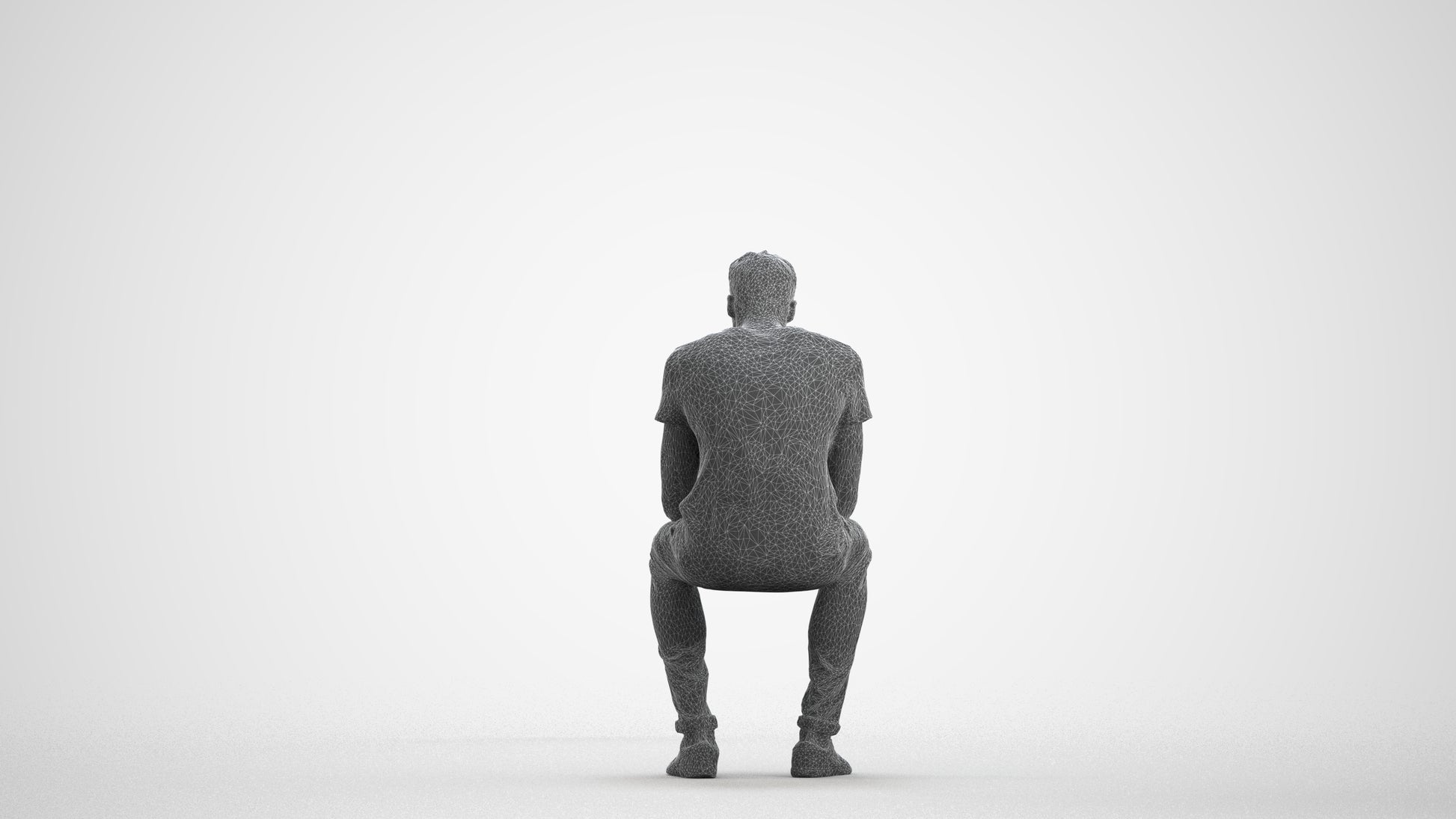 3D scanned man sitting casual, photorealistic archviz people for Enscape and SketchUp, wireframe front view