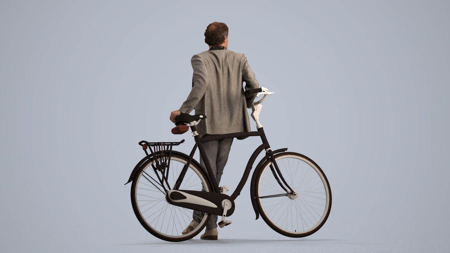 3D human model man business cycling, photogrammetry scanned person for archviz, front view render