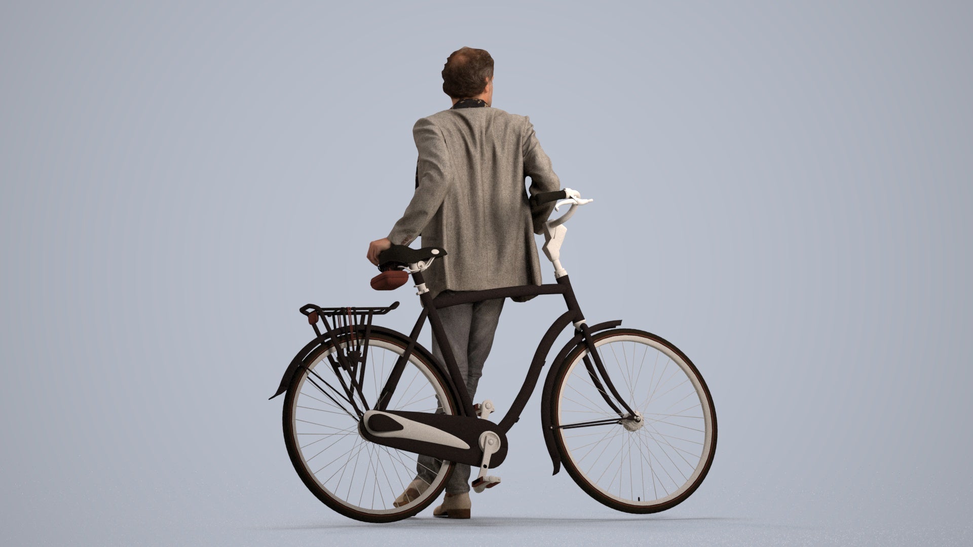 3D human model man business cycling, photogrammetry scanned person for archviz, front view render
