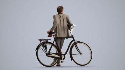 3D human model man business cycling, photogrammetry scanned person for archviz, front view render