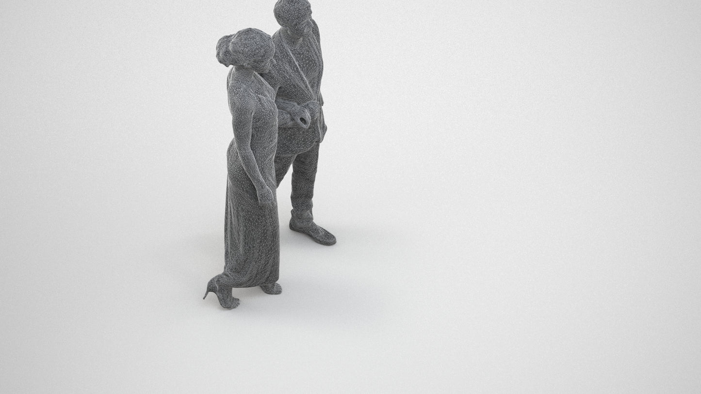 3D scanned woman couple formal, photorealistic archviz people for Enscape and SketchUp, wireframe three-quarter view