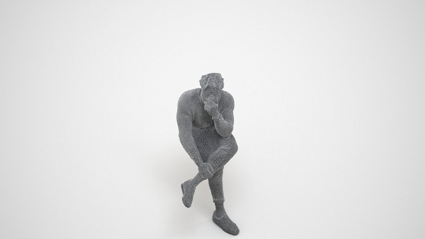 3D people model man casual sitting, scanned human for 3ds Max rendering, wireframe three-quarter view