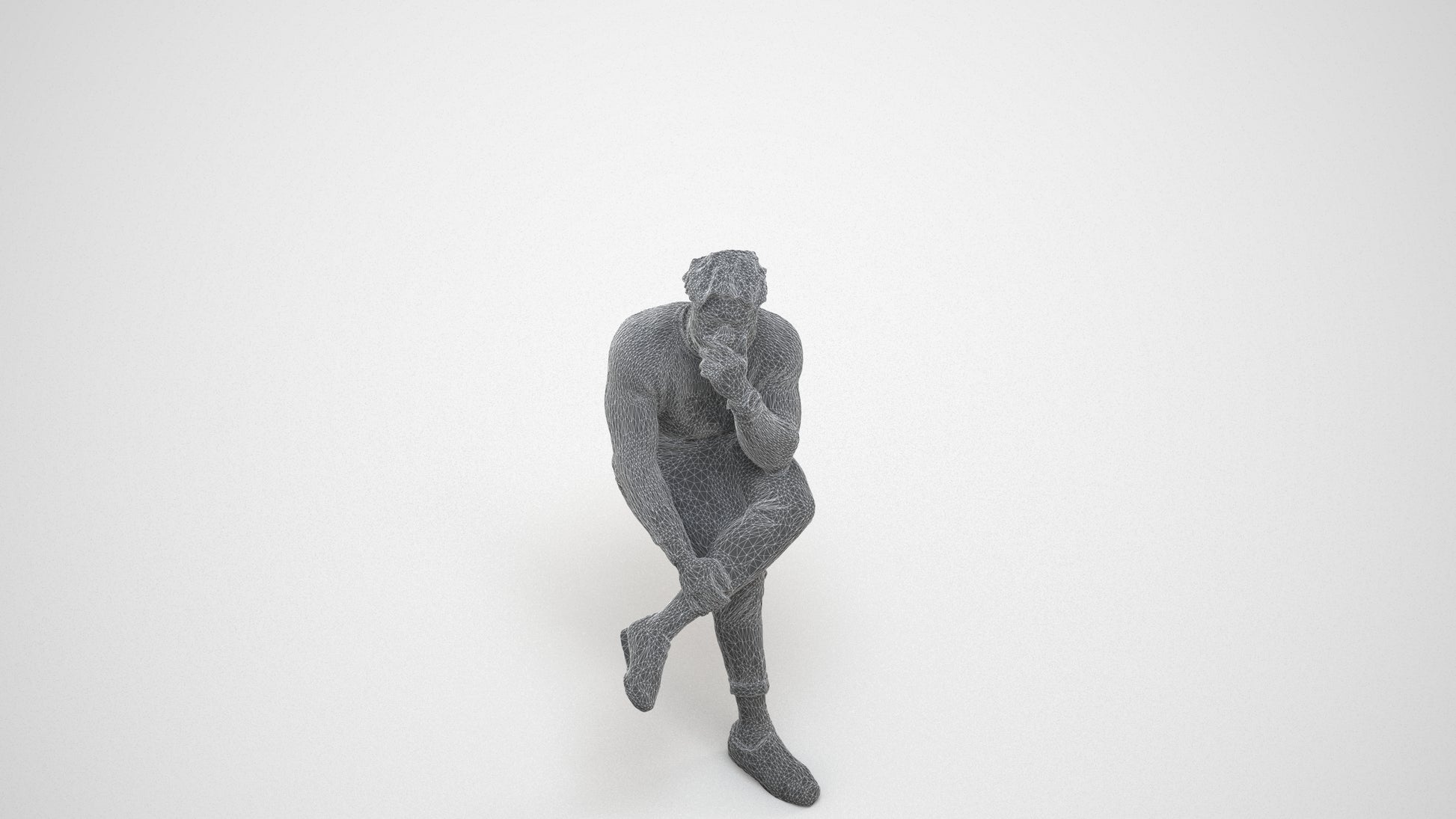 3D people model man casual sitting, scanned human for 3ds Max rendering, wireframe three-quarter view